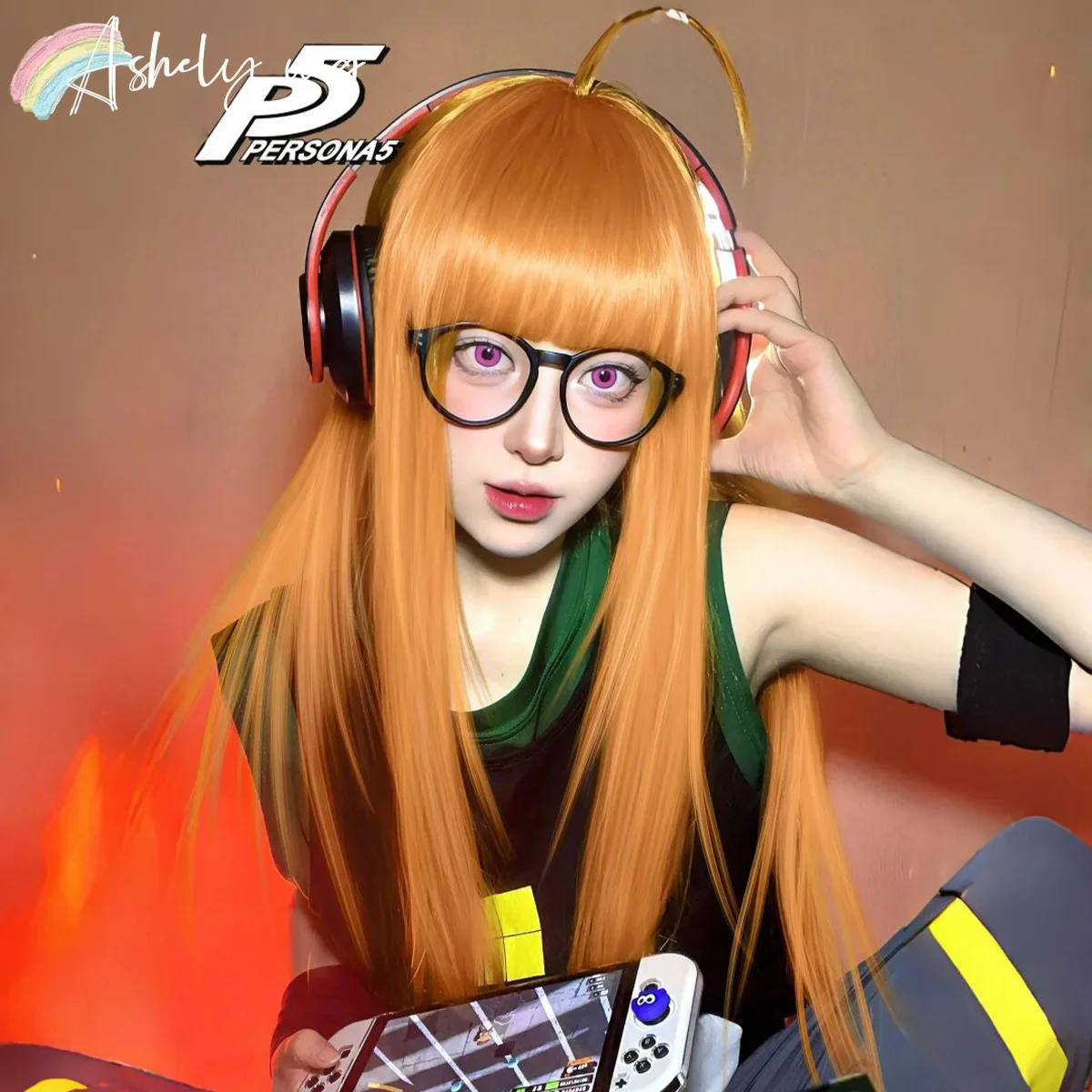 Orange Wig Straight Long Wig with Bangs Cos Anime Synthetic Wigs Persona5 Futaba Sakura Cosplay Costume wigs