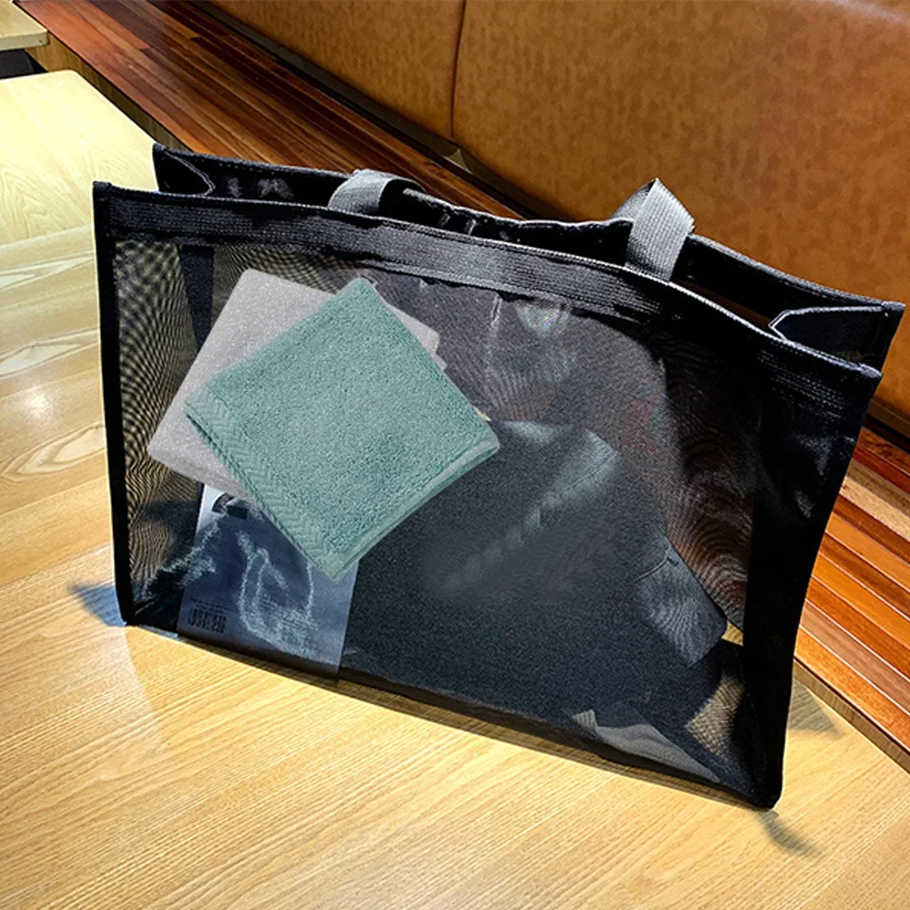 Bolso de compras de malla transparente para mujer, bolsa de almacenamiento de viaje, organizador de carteras, paquete de rejilla, Serie de impresión de letras