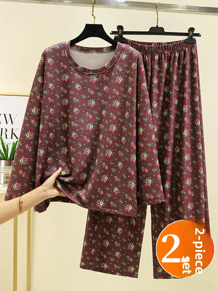 

Thickened Fleece Sleepwear Set Women's Winter Home Clothes Casual Style Long Sleeve round Neck Home Comfort Warmth Mom Size