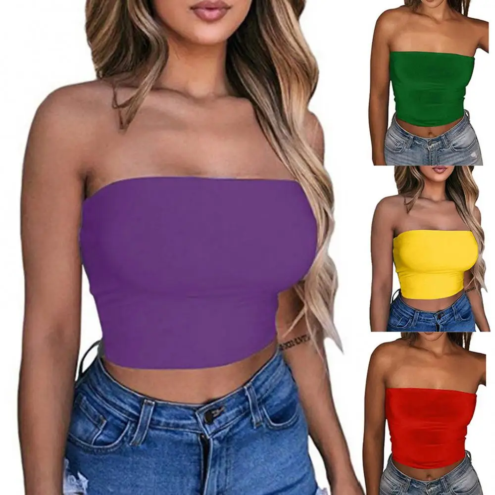 Women Sexy Solid Color Strapless Cropped Mini Bustier Slim Elastic Tube Top soft and skin-friendly perfect gifts for women