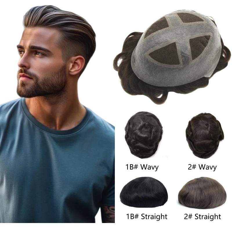Cross Over PU Modelo Mono Skin Toupee para homens |   Peruca humana com laterais de renda + PU, fixação forte para natação