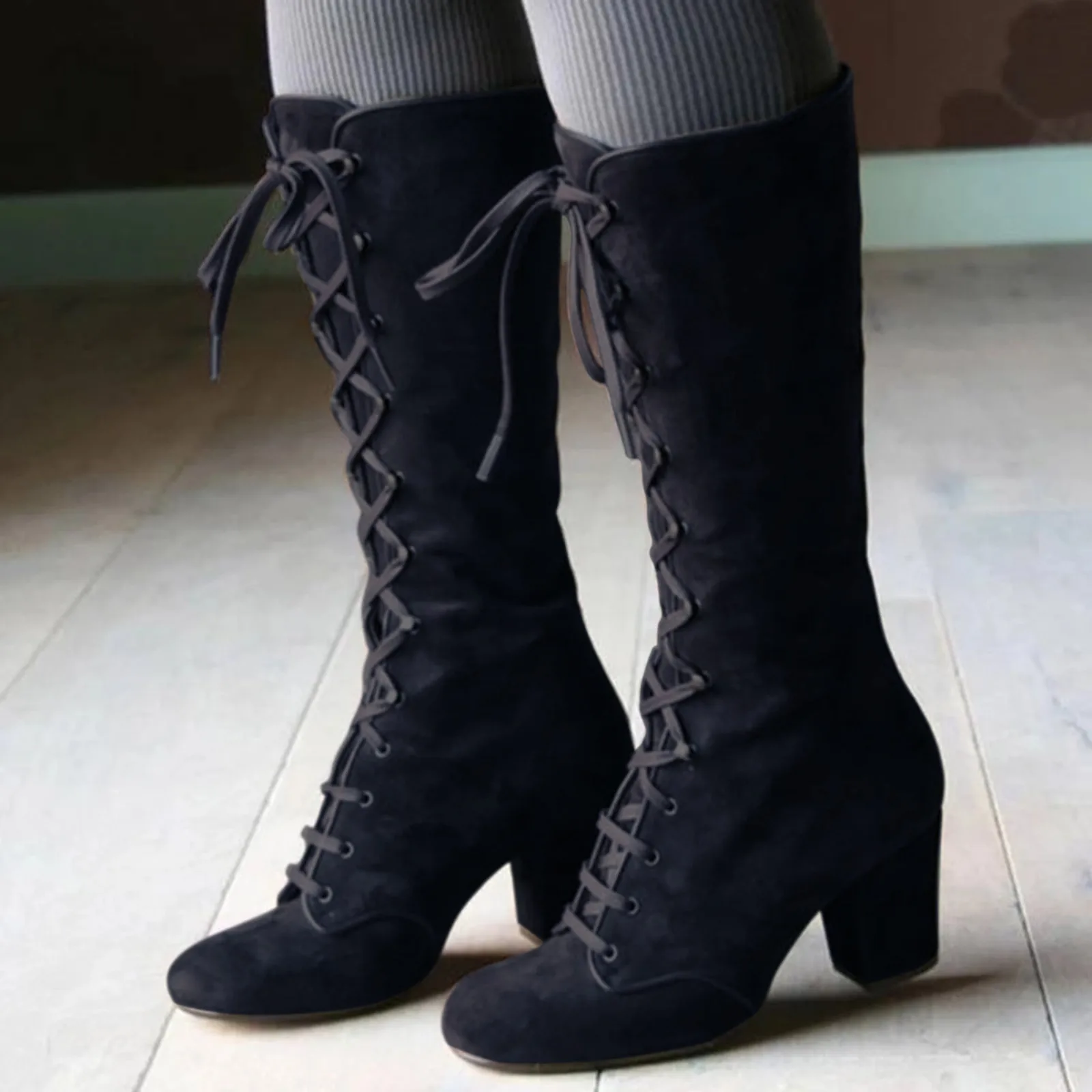 

2023 Black boots women Shoes knee high Women Casual Vintage Retro Mid-Calf Boots Lace Up Thick Heels Shoes Mujer