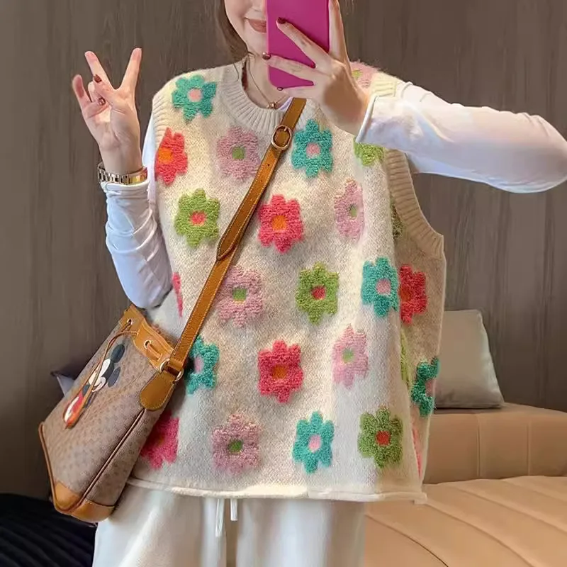 

Новинка осени-зимы 2026: Женский свободный жаккардовый вязаный жилет в нежном стиле с милым цветочным узором