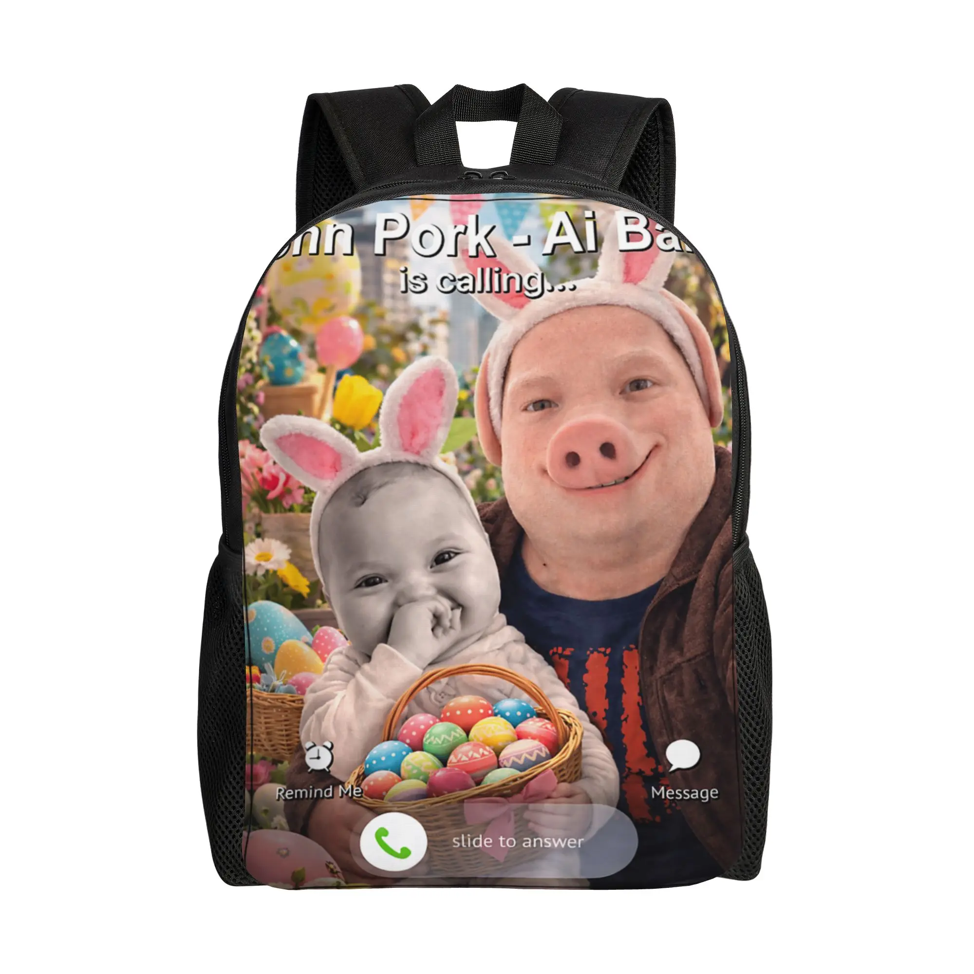 

Funny Easter Party John Pork and Ai Baby is Calling Backpack Casual Backpacks Student Unisex Sport Big High School Bags Rucksack