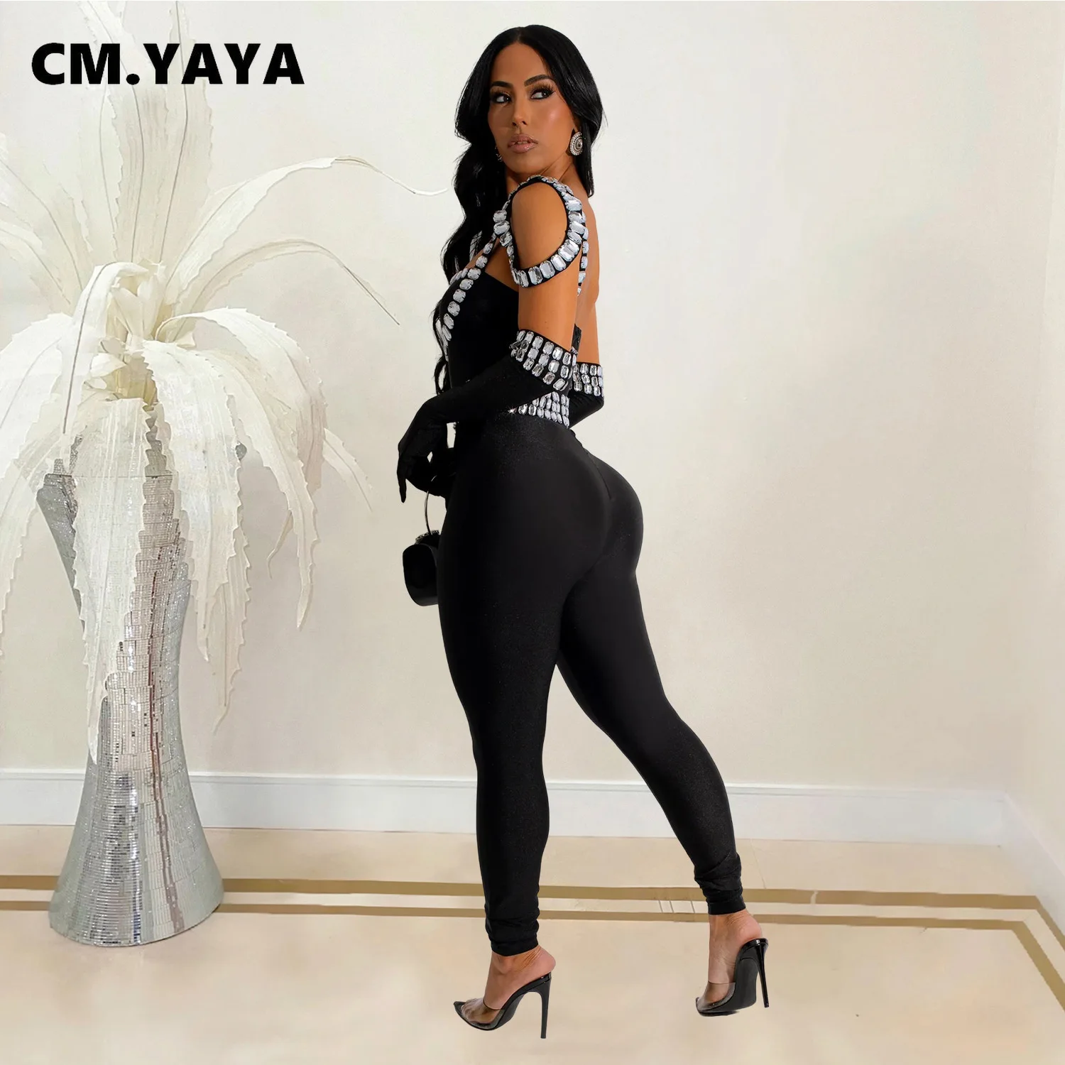 CM.YAYA Women Diamonds Hot Rhinestones Sexy Strap Long Sleeve Jumpsuits Streetwear Club One Piece Overall Rompers with Gloves