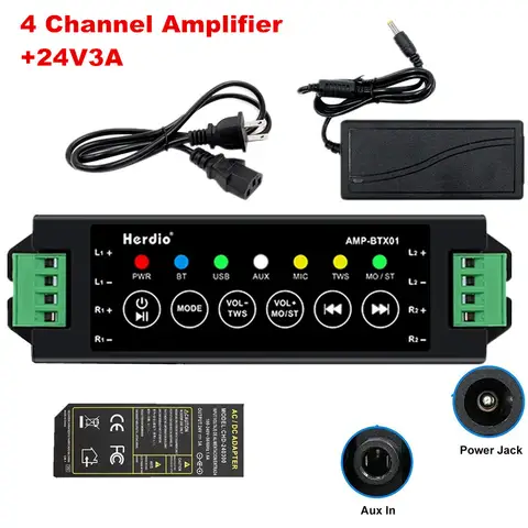 Herdio 24V3A 가정용 전원 어댑터 수신기 욕실 벽 천장 음악 스피커 용 4 방향 Bluetooth AMP 박스 및 Aux 미니 앰프