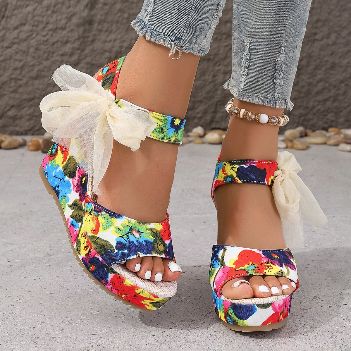 Women High-heeled Sandals Fashion Round Head Open-toe Sandals Women Floarl Printed Platform Side Bowtie Wedge Heel Shoes Women