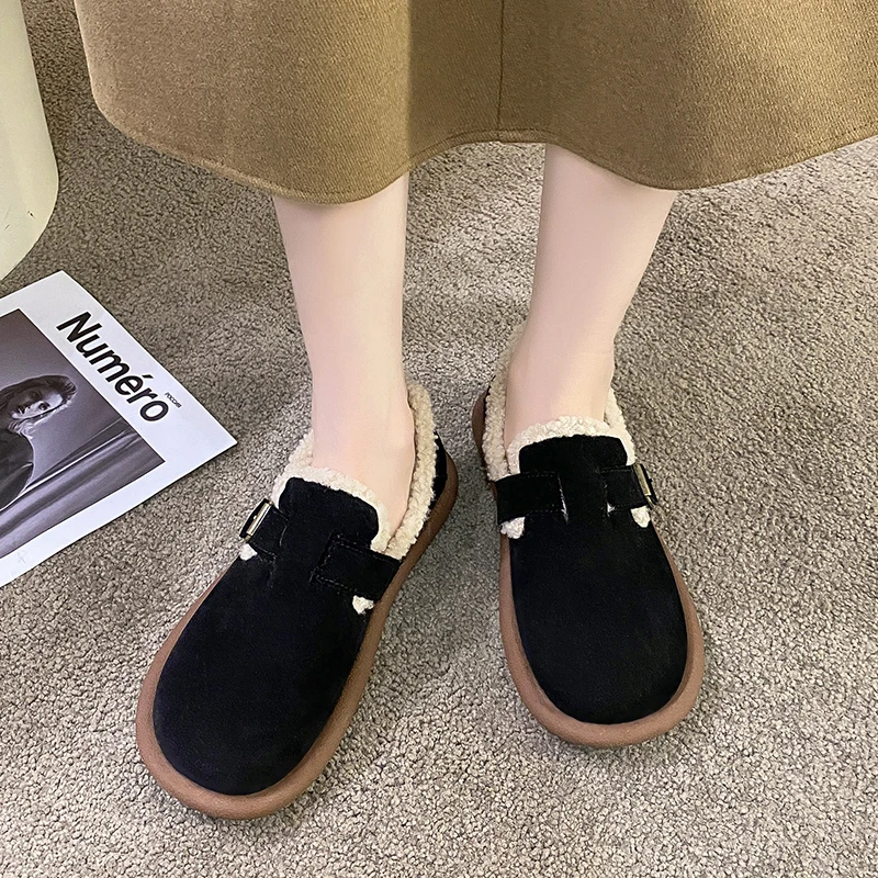 

Winter Women's 2023 New Fashion Solid T Buckle Frosted Surface with Lamb Fleece Warm and Non Slip Flat Cotton Shoes