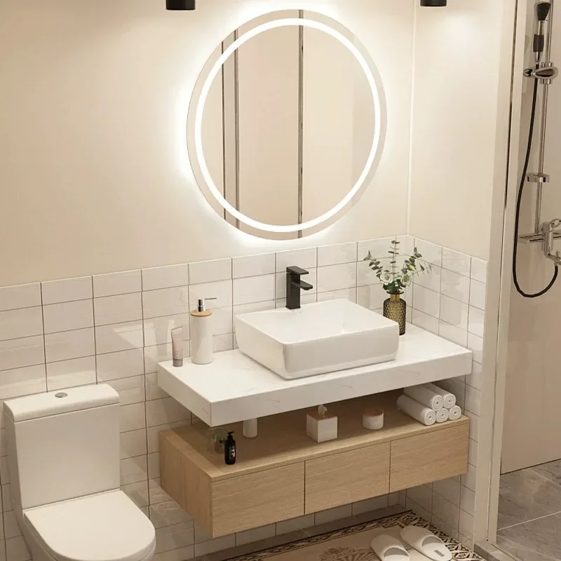 Bathroom Washbasin Solid Wood Log Color Integrated Cabinets Top Ceramic Sink Bathroom Vanity Modern Cabinet Bathroom Furniture