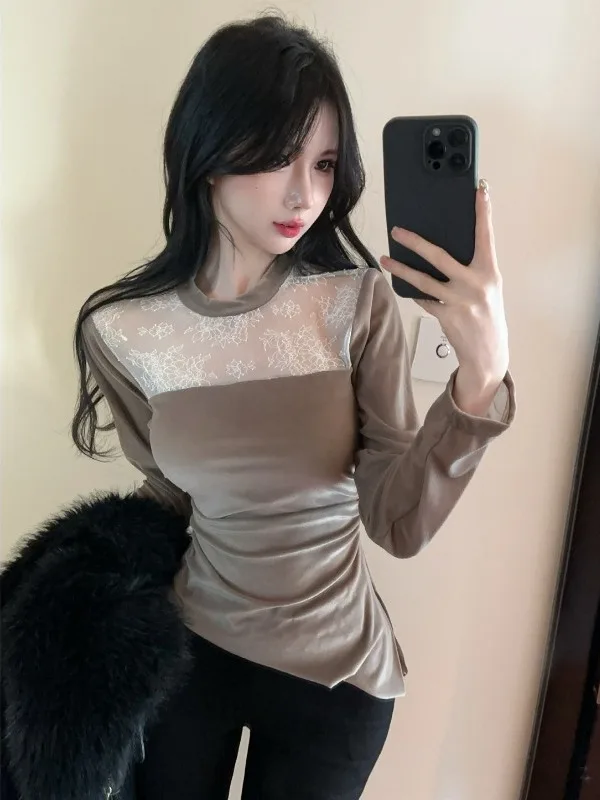 

Velvet Long Sleeve T-Shirt Women's Autumn Winter High-End Sense Top Half High Collar Lace Base Shirt Inner Wear Irregular Design