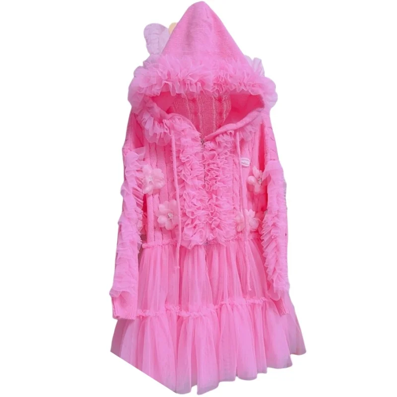 

Pink Color Women Sexy Mesh Splicing Loose Sweater Knit Cardigan Ruffles Mini Floral Dress Birthday Celebrate Party Costume