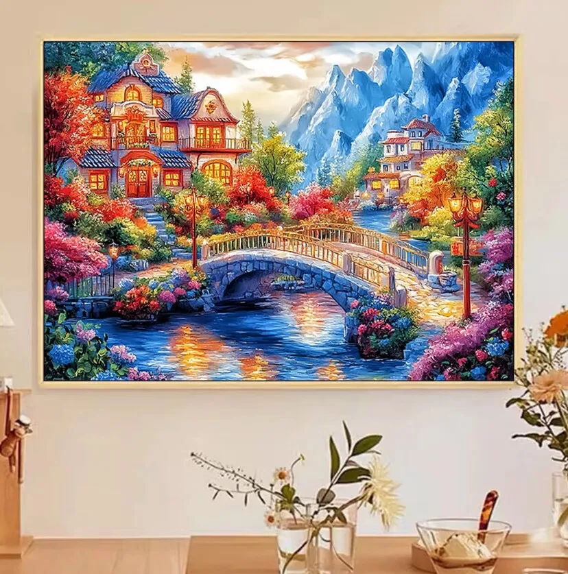 

9ct 60x80cm Villa Printed Kits Cross Stitch Embroidery DIY Needlework Set Home Decor Crafts With Needles Threads