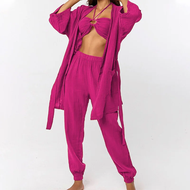 Women Double Layer Wrinkled Cotton Home Suit Sexy Casual Lace Up Shirt Sling Pencil Pants 3 Piece Set 2022 Autumn Beach Outfits