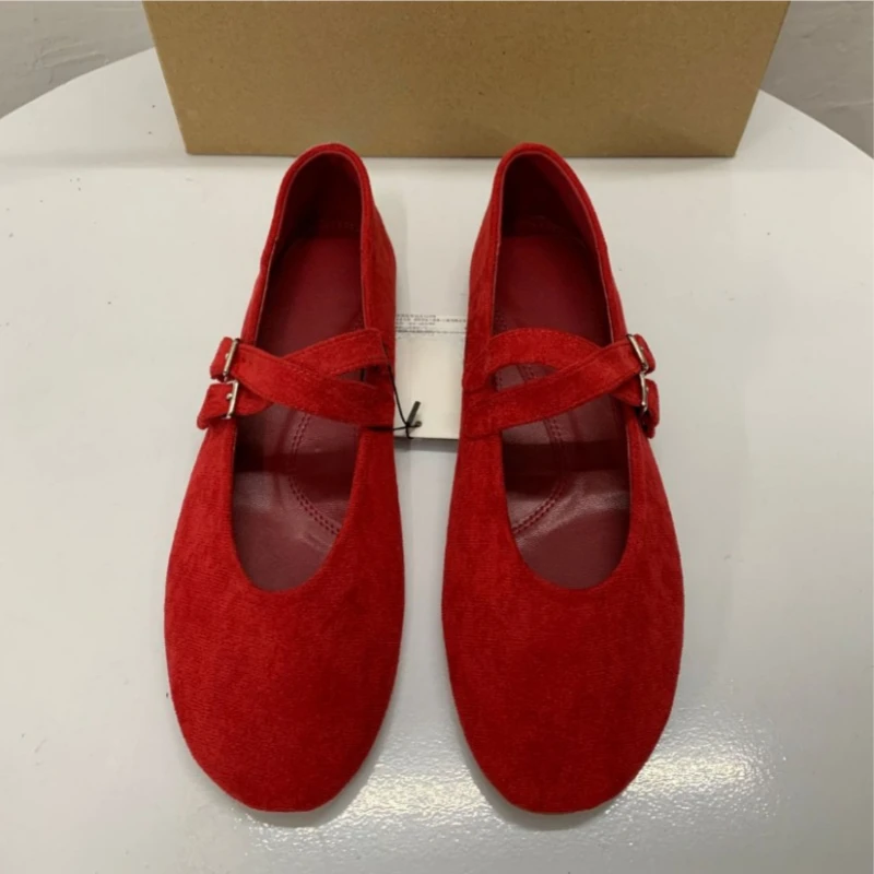 2025 Spring New Women\'s Ballet Flats Retro Red Double Belt Buckle Decoration Casual High Quality Big Size Lady Mary Jane Shoes