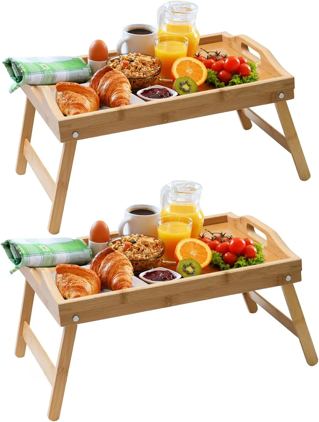 

2 Pack Bamboo Bed Tray Tables with Folding Legs & Handles, Wooden Lap Tray for Couch Eating