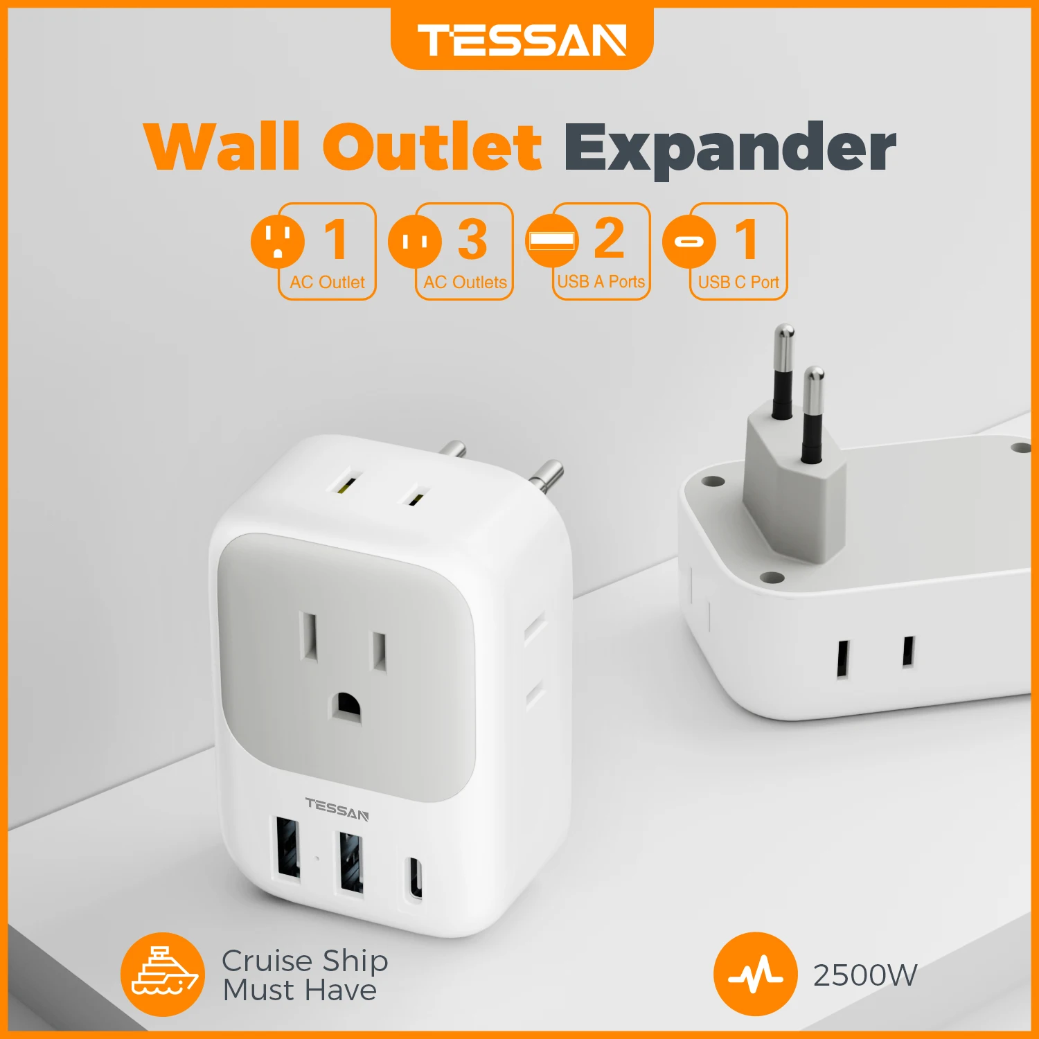 TESSAN 7 in 1 US Plug Adapter with 4 AC Outlets and 3 USB (1 USB C), Type C Plug European Travel Plug Adapter for Spain Germany