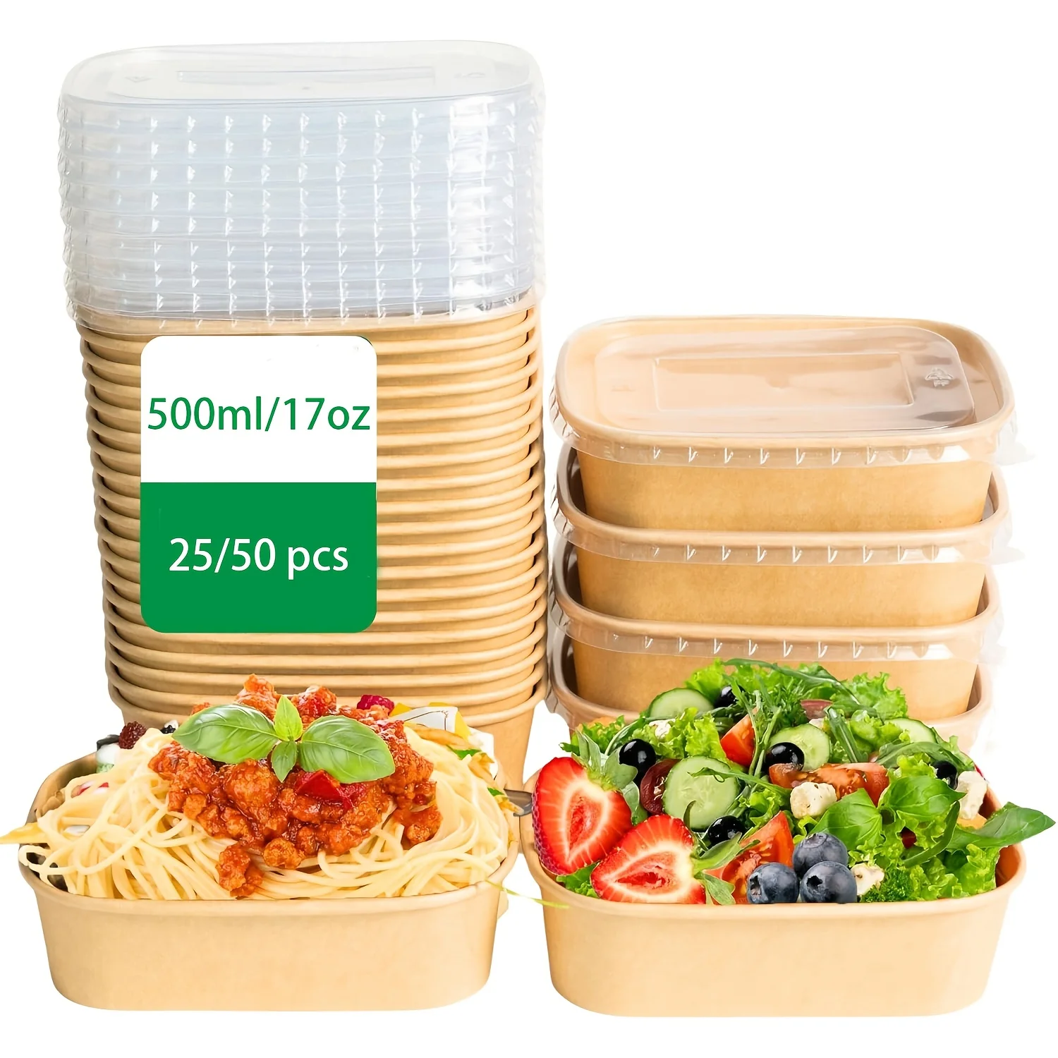 Cuencos de papel Kraft desechables con tapas, contenedores de alimentos rectangulares, cuencos de sopa, suministros para fiestas, cuencos de golosinas, 17oz/500ml, 25/50 Uds.