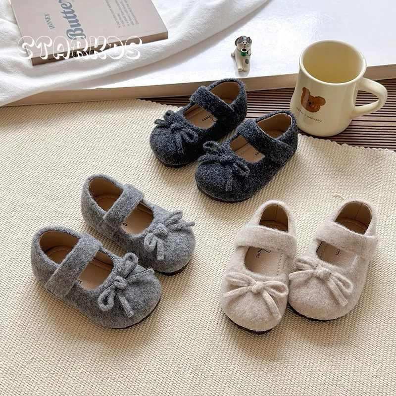 

Toddler Kids Round Toe Soft Fleece Felt Ballet Flats Baby Girls Winter Warm Wool Mary Janes Child Bowknot Design Fluffy Shoes