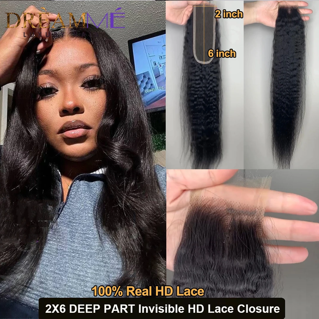 2x6 Kim K Kinky Straight Human Hair HD Lace Closure Only Melt Skins 2x6 Skinlike HD Lace Closure Brazilian Pre Plucked Hairline