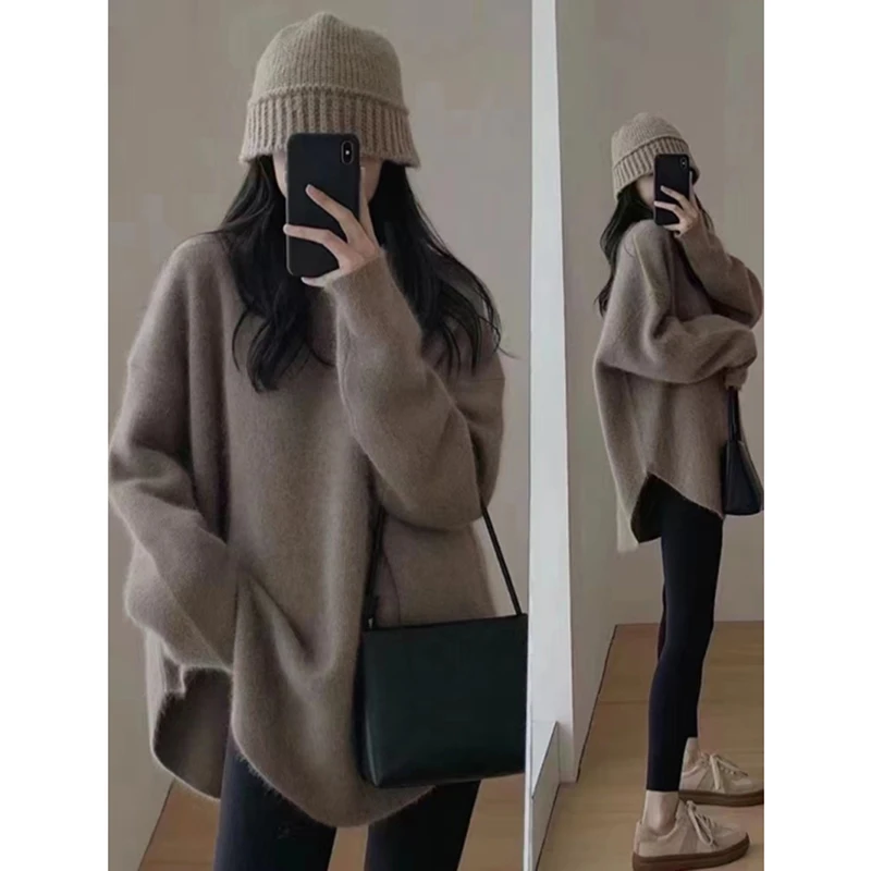 Sweater rajut polos wanita, atasan Pullover Jumper lengan panjang leher O kasual longgar Musim Semi dan Gugur ukuran besar