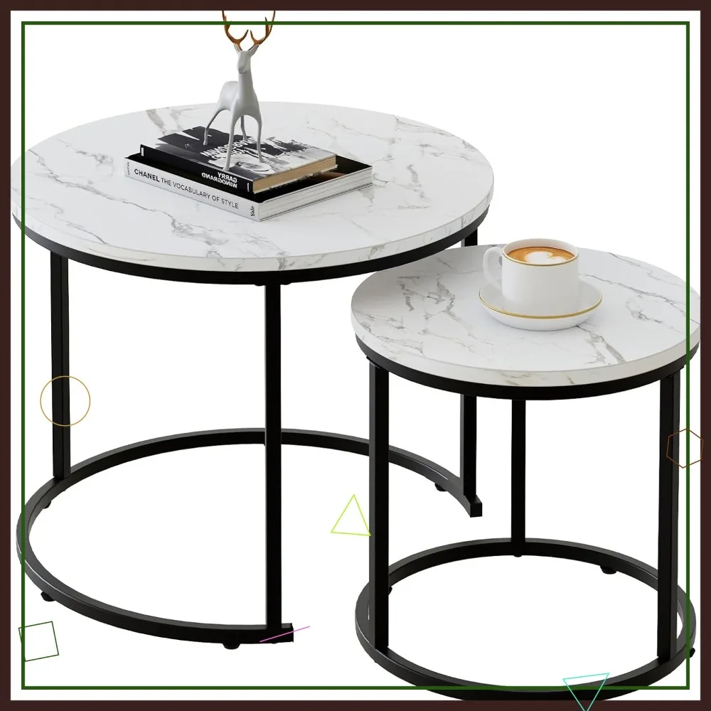 

Round Nesting Coffee Table Set of 2, White Faux Marble Top with Black Steel Frame for Living Room Bedroom