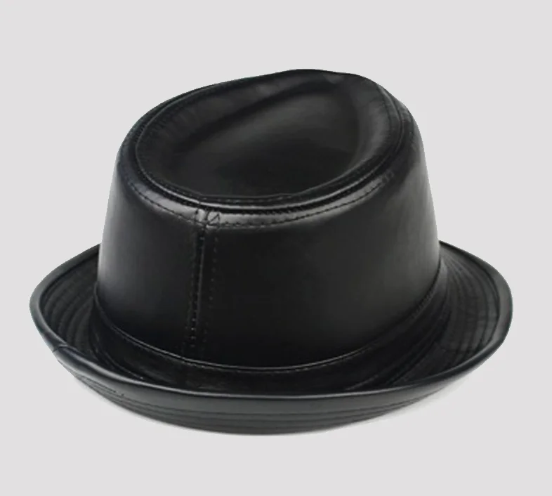Mann hochwertiges echtes Leder Jazz Fedora Gentleman Kuhhaut kurze Krempe schwarz/braun Schaffell angepasste Zylinder männlich zeigt – Detail 8