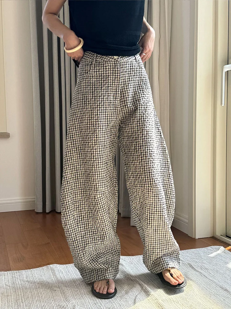 Women Vintage Plaid Wide Leg Linen Pants 2024 Summer Ladies Casual Breathable Korean Fashion Streetwear Loose Trousers