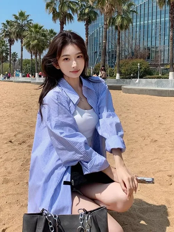 Blue Striped Women's Long Sleeve Shirt Loose Fit Sun Protection Spring Summer Design Casual Outerwear Korean Style Commute