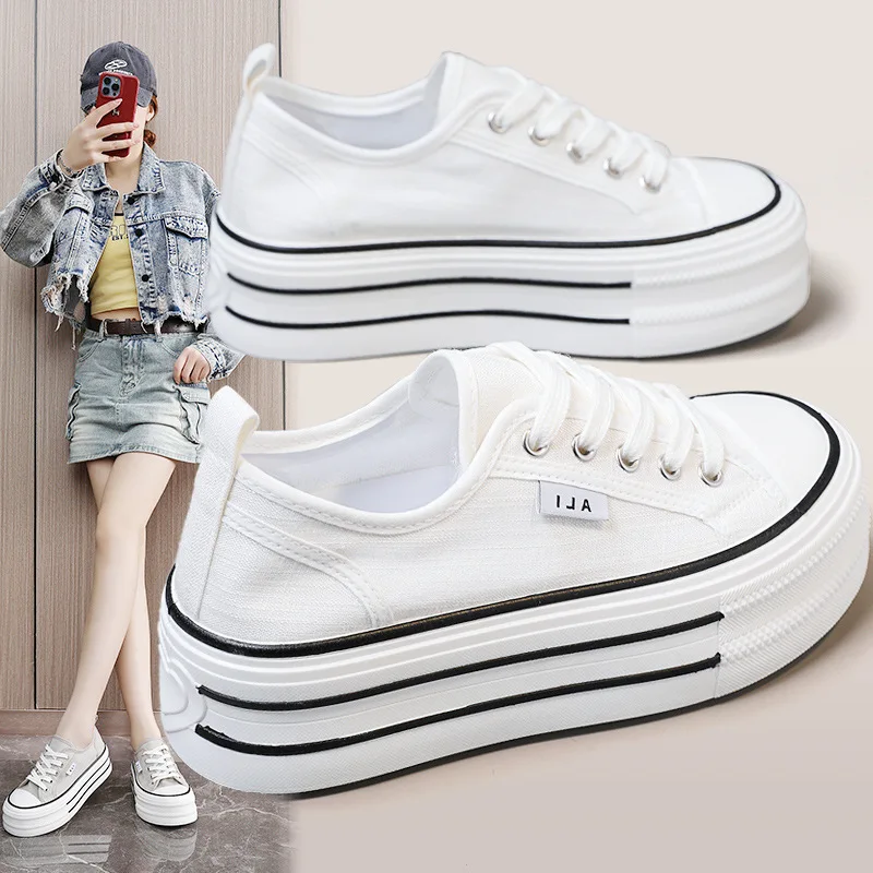 

Women's Thick Sole Height Increasing Canvas Shoes Summer 2026 Lace-Up Casual Versatile Comfortable Sports Footwear