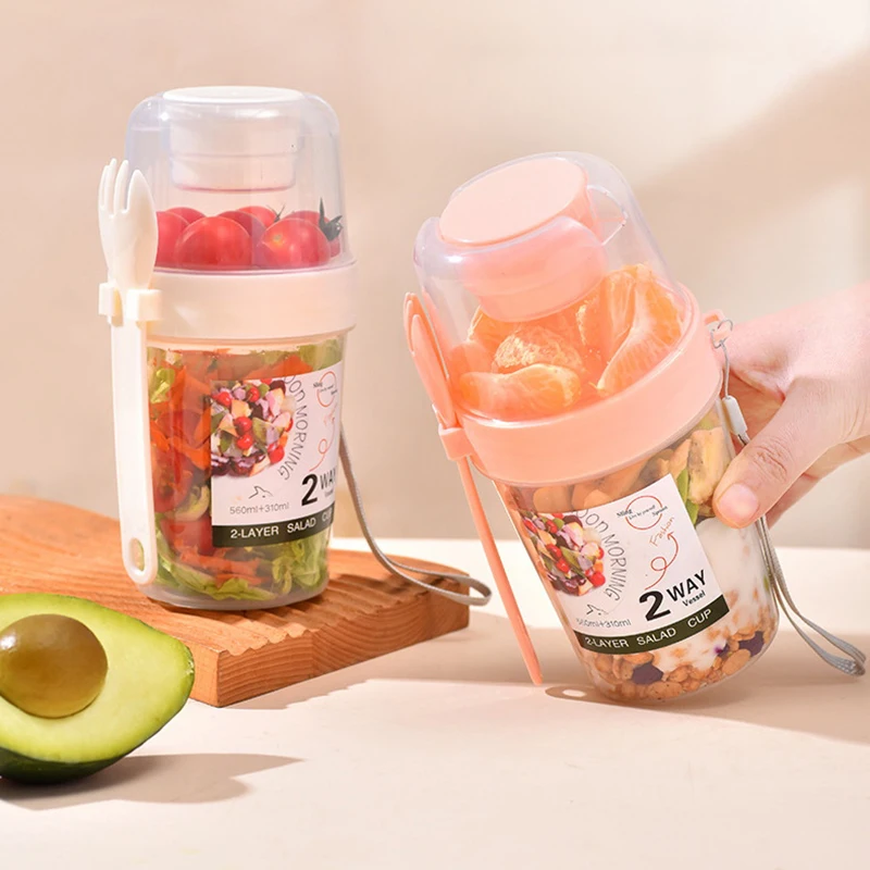 1pc Portable Double-Layer Salad Cup Oatmeal Cereal Nut Yogurt Salad Cup Container Set With Fork School Lunch Food Storage Box