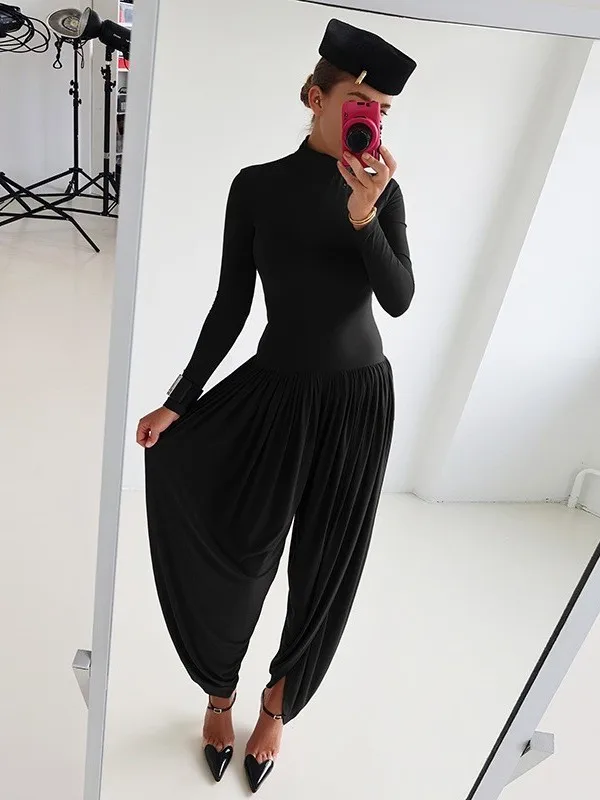 

Комбинезон с высокой талией, брюки, женский длинный све, морщинистый приталенный боди, длинные брюки с высокой талией для весеннего сезона