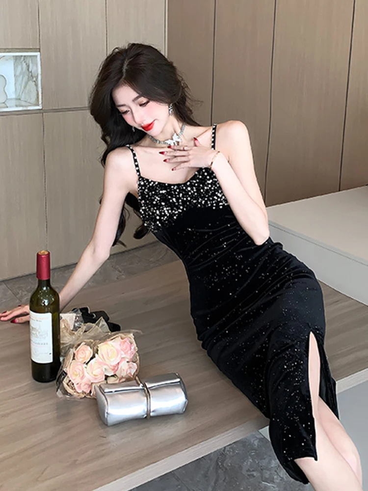 Fashion Lady Vintage Glitter Shiny Sequin Black Evening Dress Women Clothes Elegant Sexy Strap Slim Midi Party Birthday Vestidos