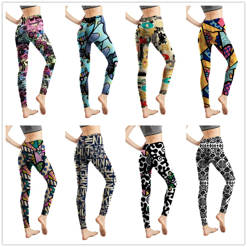 Trendy milk silk printed leggings with abstract letters and cropped pants for women's outerwear floral pants