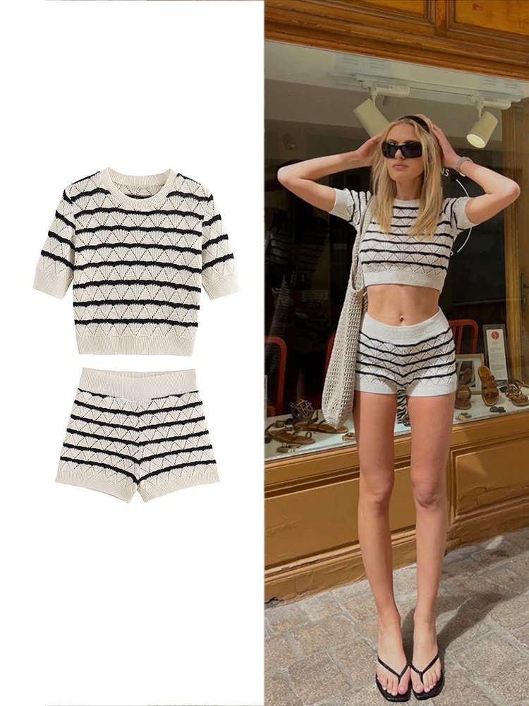 TRAFZA Women\'s Knitted Striped Short Sleeve Shorts Set Fashion Chic Casual Tight Top Summer Sexy Holiday Tight Shorts Set