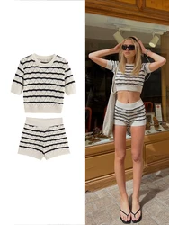 TRAFZA Women's Knitted Striped Short Sleeve Shorts Set Fashion Chic Casual Tight Top Summer Sexy Holiday Tight Shorts Set