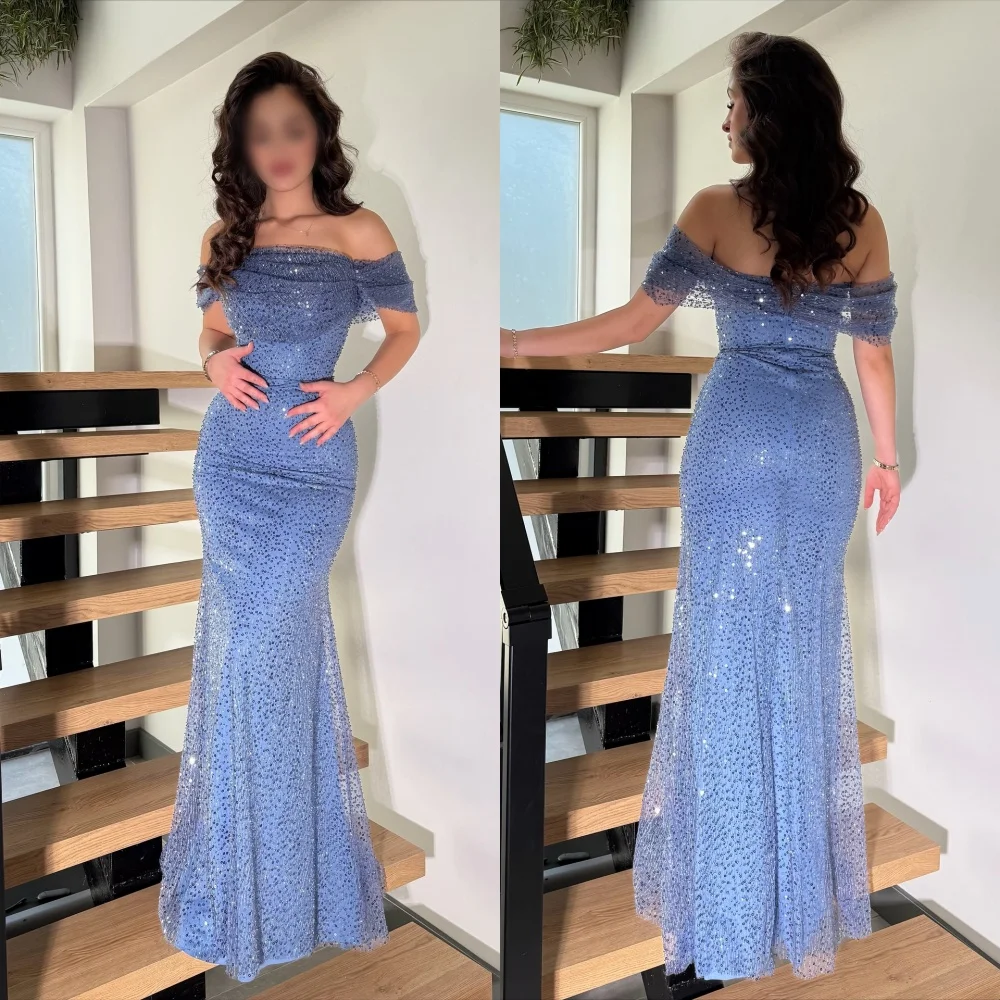 Abito da sera di lusso personalizzato Piega Occasioni su misura Abiti lunghi a tromba con spalle scoperte Occasioni su misura Festa scintillante