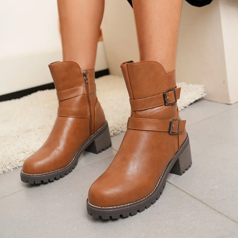 Punk Double Buckle Ankle Boots Women Chunky Block Heel Fold Over Top Fall Winter Street Style Essential Pair
