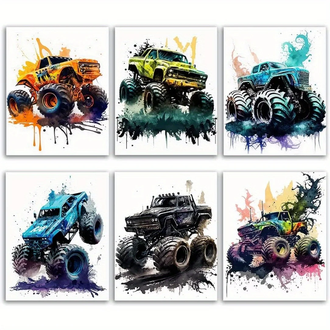 Pósteres de camión monstruo, impresiones artísticas de pared para decoración de habitación, carteles de coche de camión monstruo de acuarela para decoraciones de habitación sin marco