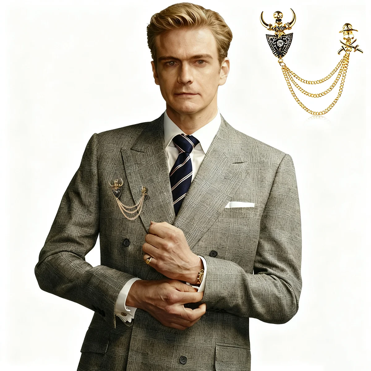 بروش رجالي فاخر أنيق مصنوع من خليط معدني مرصع بحجر الراين والكريستال دبوس على شكل زهرة وسلسلة على شكل طية صدر السترة لحفلات الزفاف