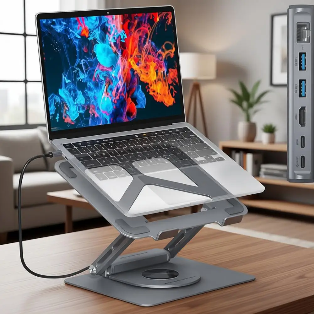

Portable Ergonomic Laptop Stand with 360-Degree Rotating Base and USB Hub, featuring 100W PD, 4K HDMI, USB3.0, and Gigabit Ether