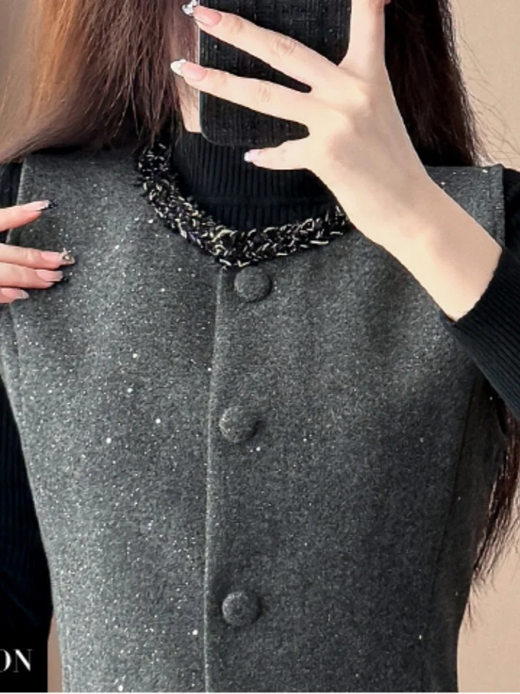 SMTHMA Koreanische High-End-Neue Mode Woolen Einreiher Ärmellose Luxus Perlen Weste Kleid + Gestrickte Pullover Zwei-stück Set