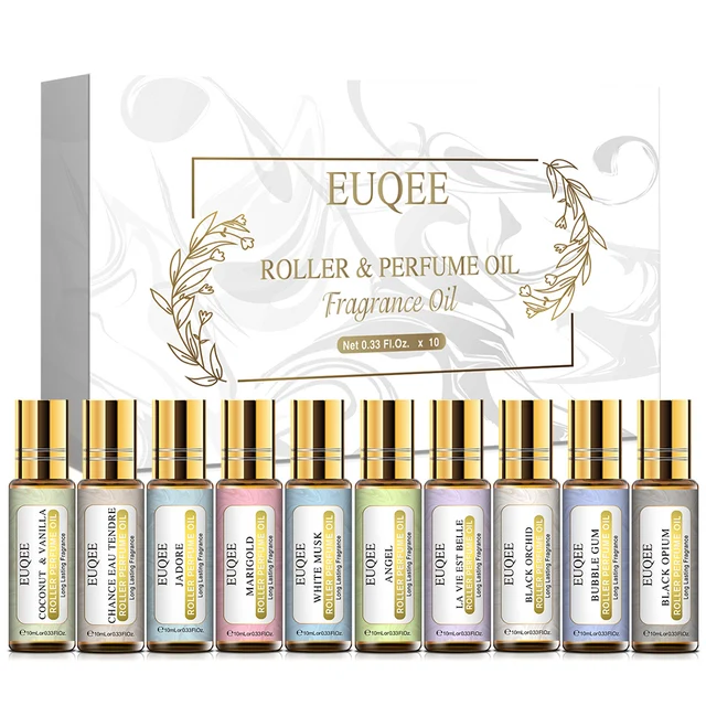 EUQEE 10 butelek Zestaw upominkowy olejku zapachowego dla kobiet Bubble Gum Jadore White Musk 10ml Roller Fragrance Oil For Diffuser DIY Soap
