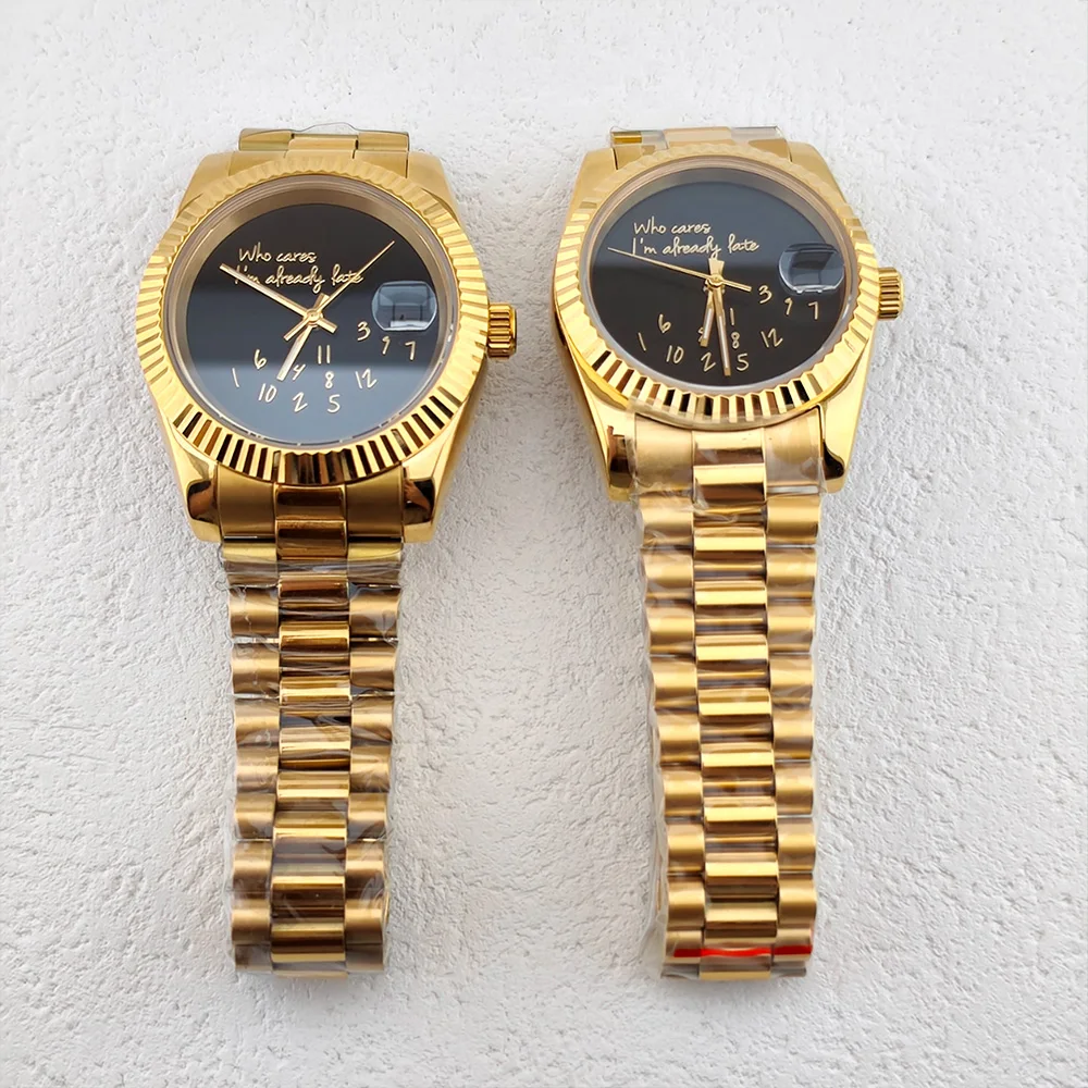 

NH35 Watch Who cares im already late Watch 36mm/39mm No logo Golden Text Matte Dial Sapphire Crystal Glass Automatic Movement