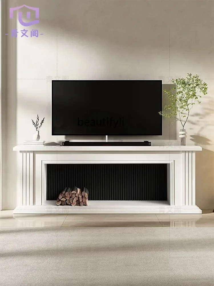 Light Luxury Solid Wood Grille Fireplace TV Cabinet Living Room Simple Curio Cabinet Background Wall Storage Cabinet