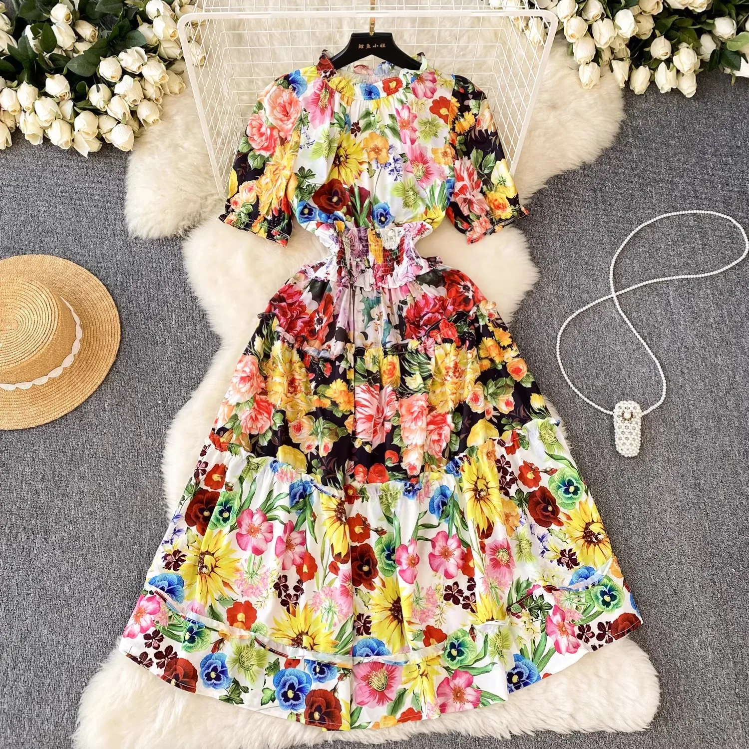 

2024 New Spring Summer Colorful Flower Print Holiday Midi Dress Women Ruffled Collar Flare Short Sleeve High Elastic Waist Dress