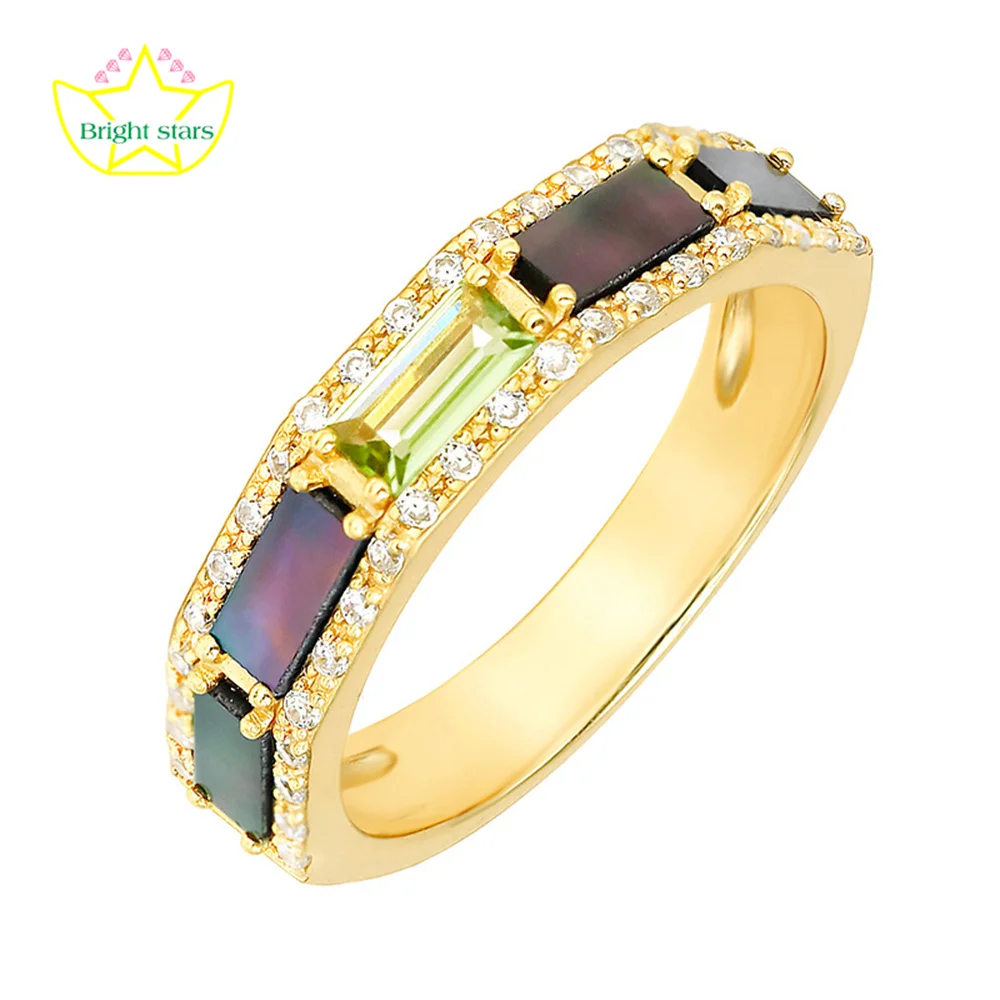 Bright Stars new design Japanese vintage style S925 silver plated 14k gold green olive black shell rings