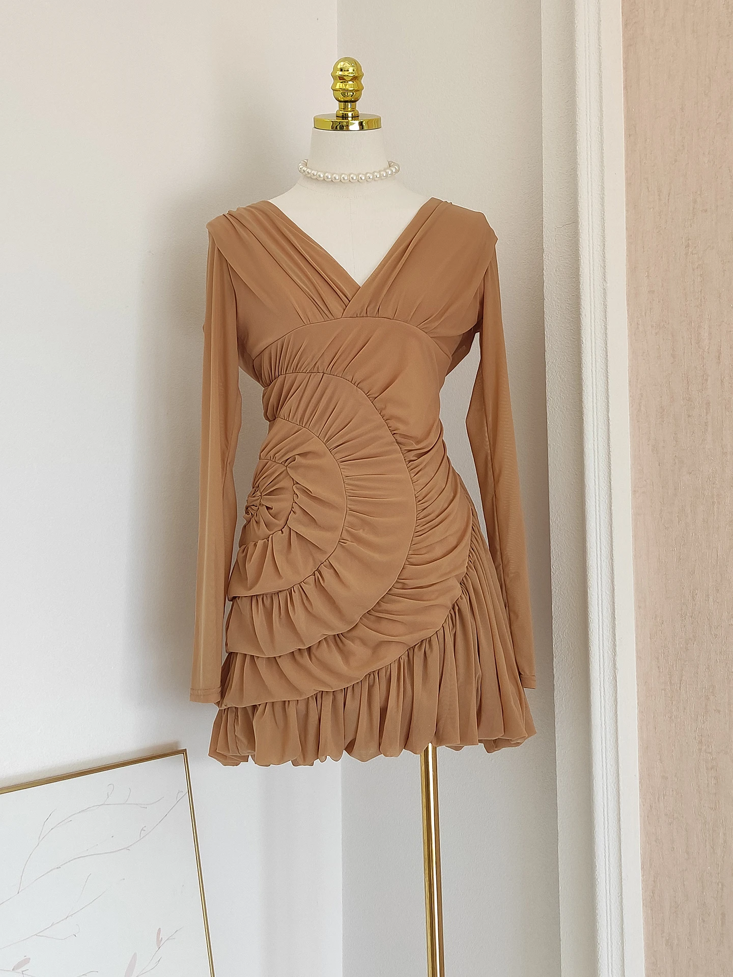 New Fashion Night Club Party Short Dress Luxury Design Long Sleeve Draped Mesh Birthday Dresses Evening Prom Celebrity Gowns