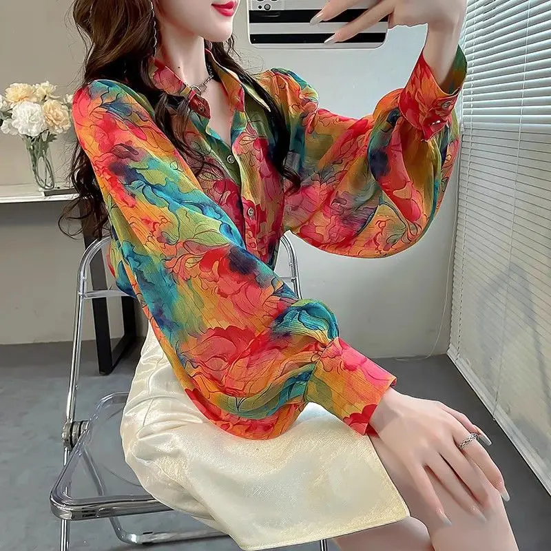 2024 New Summer Oversized High Waist Chic Bohemian Retro Office Lady Women\'s Shirt Irregular Print V Neck Long Sleeve Y2K Tops