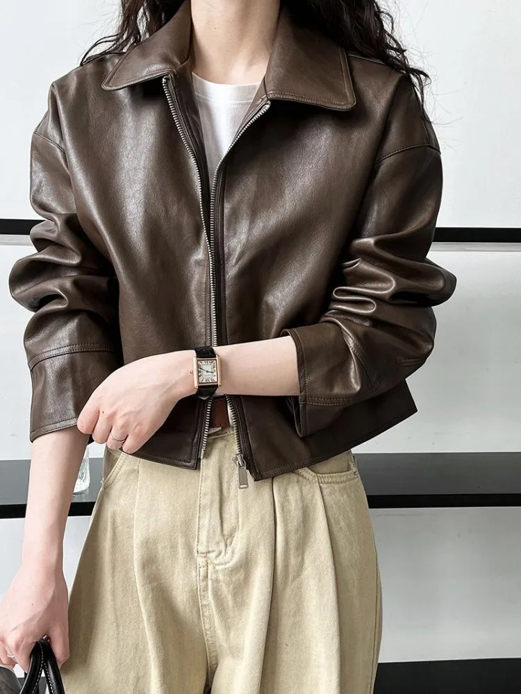 

Biker Jackets Womens Jacket Japanese Leather Wide Baggy Drop-Shoulder Relaxed City Minimalism Comfortable Cozy Winter All-Match