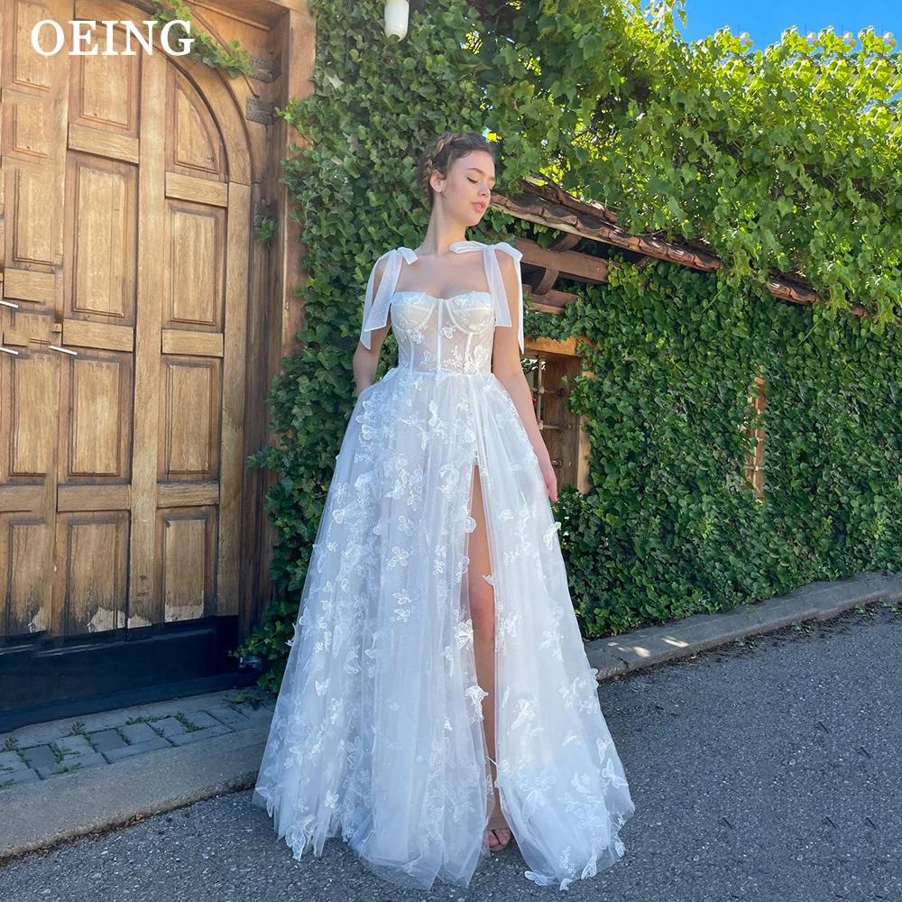 

OEING Pastrol Butterfly Prom Dress Fairy High Slit Bow Straps Floor-length Wedding Party Dresses Bridal Gown Vestidos De Novias